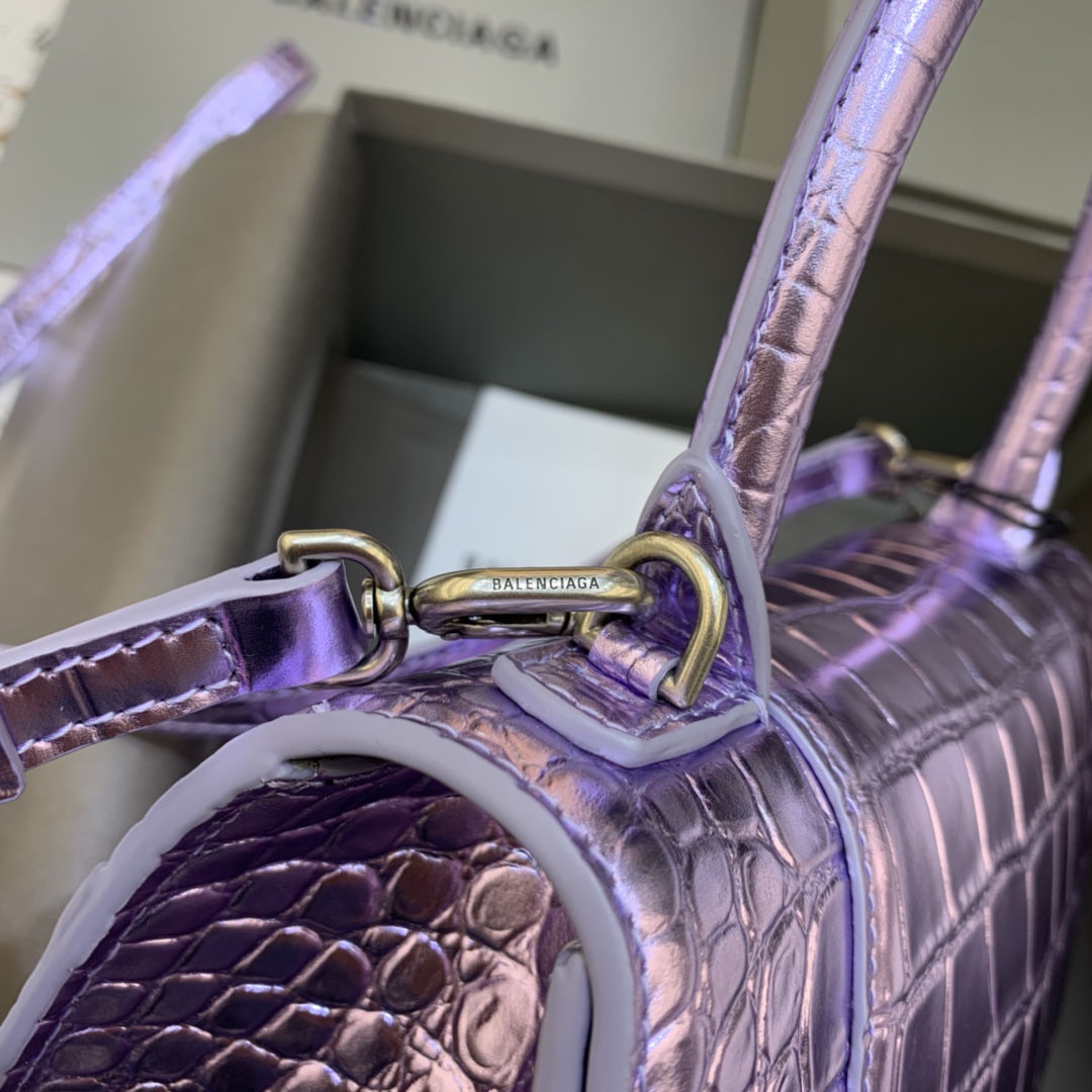 Balenciaga Hourglass Small Handbag Crocodile Embossed Shoulder Bag Light Purple